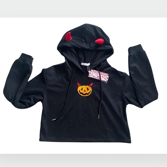 Romwe Black Jack O Lantern Crop Hooded Devil Ears Sweatshirt Long Sleeve M NWT - Picture 1 of 4